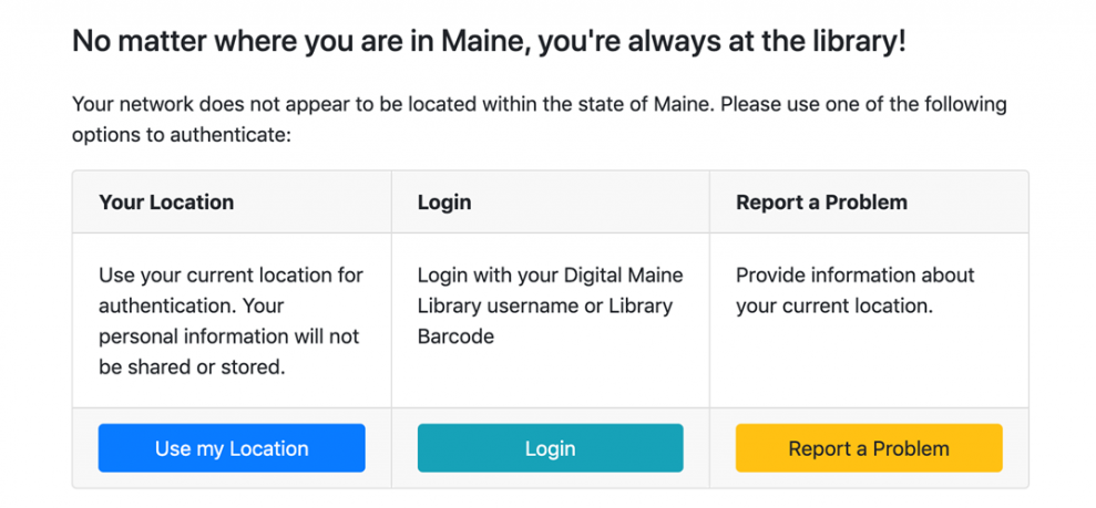 Your network does not appear to be located in Maine. Use Your Location, Login, or report a problem to authenticate.
